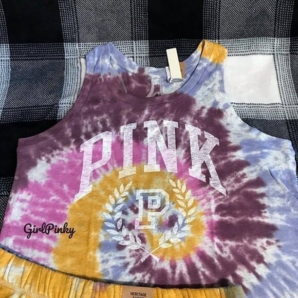 victoria secrets PINK shorts outfit IN TIE DYE & MATCHING LOGO TANK SIZE LARGE - Picture 5 of 7